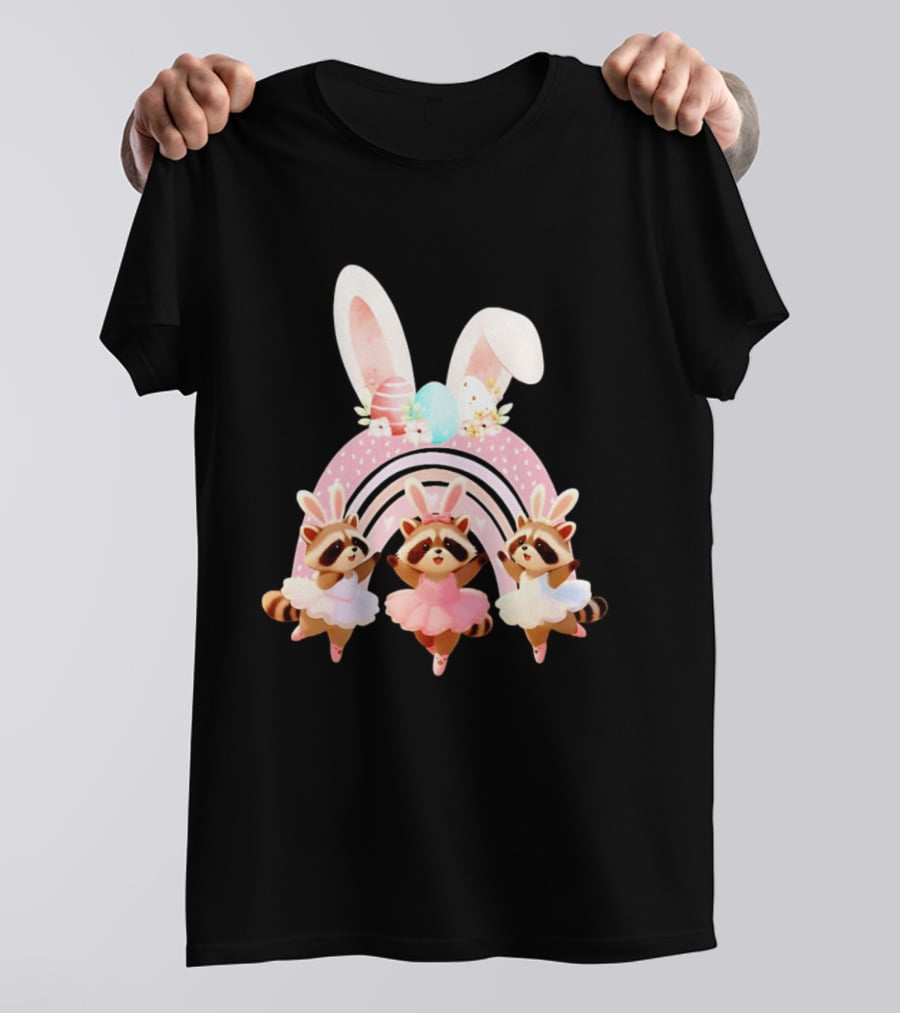 Ballet Dancer Ballerina Raccoons With Easter Bunny Ears And Eggs T-Shirt