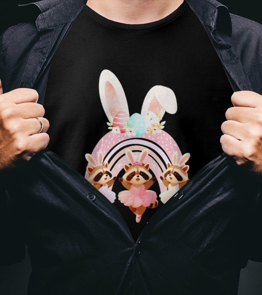 Ballet Dancer Ballerina Raccoons With Easter Bunny Ears And Eggs T-Shirt