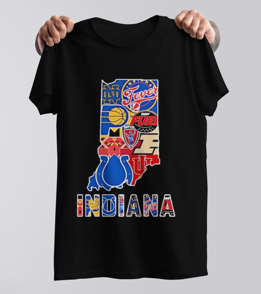 Indiana Sports Team Logos Map Featuring Colts Pacers Fever Hoosiers Fighting Irish Fuel T-Shirt