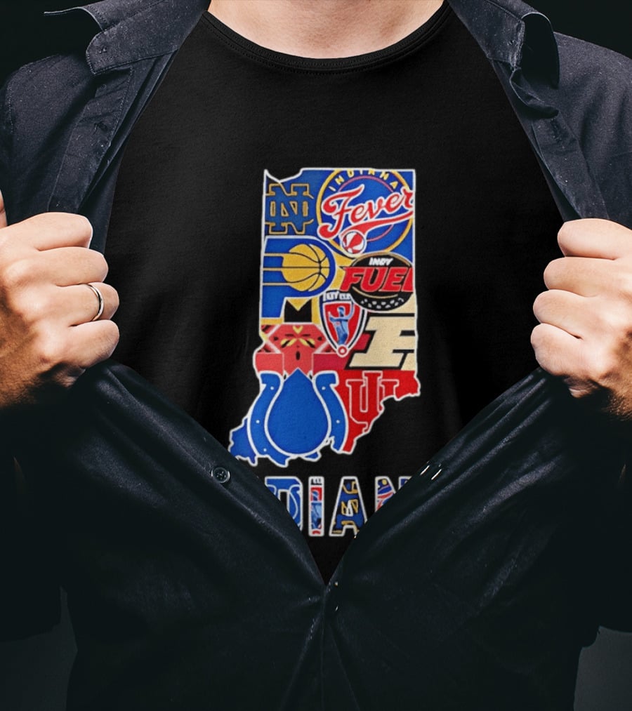 Indiana Sports Team Logos Map Featuring Colts Pacers Fever Hoosiers Fighting Irish Fuel T-Shirt