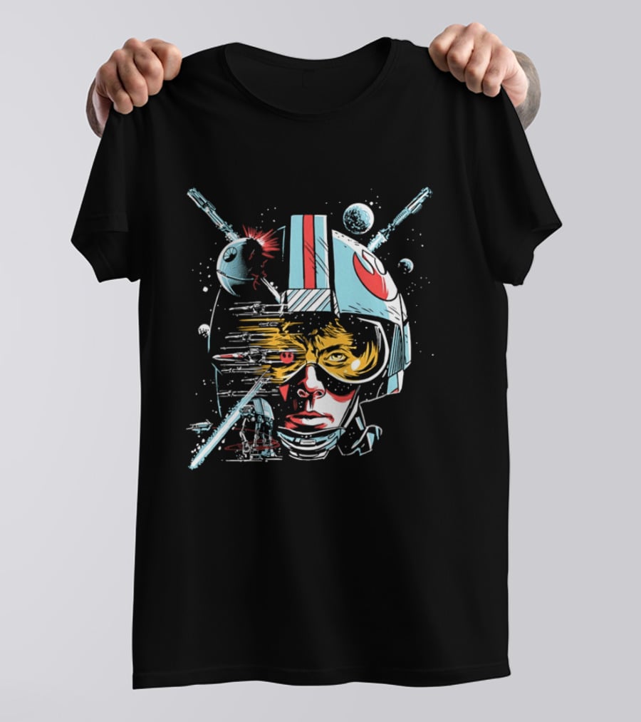 Luke Skywalker Helmet With Blaster And Planets T-Shirt