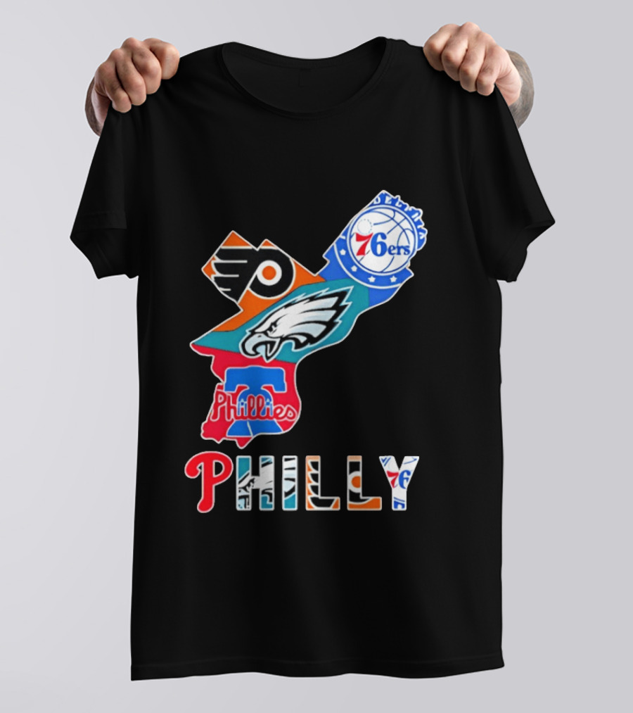 Philadelphia Flyers 76ers Eagles Phillies PHILLY Sports Logos State Map T-Shirt