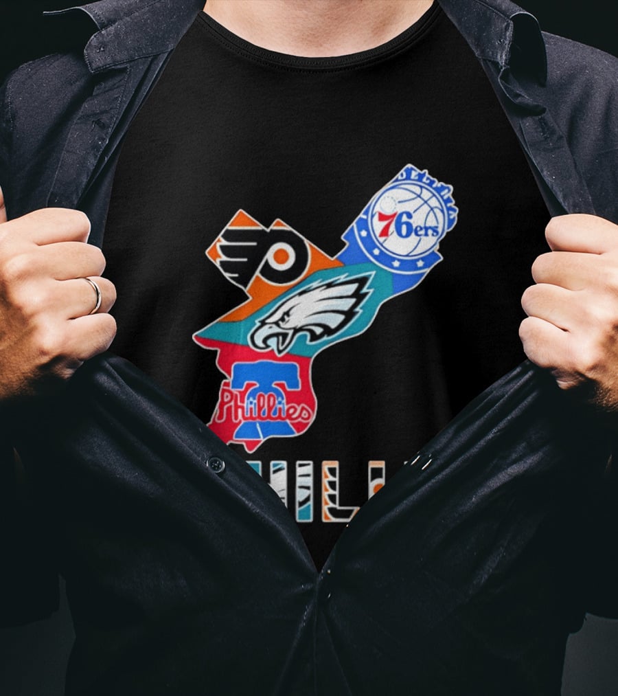 Philadelphia Flyers 76ers Eagles Phillies PHILLY Sports Logos State Map T-Shirt