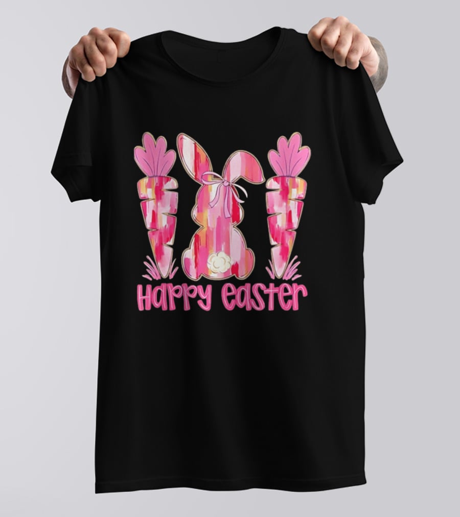 Pink Brushstroke Bunny Carrot Happy Easter T-Shirt