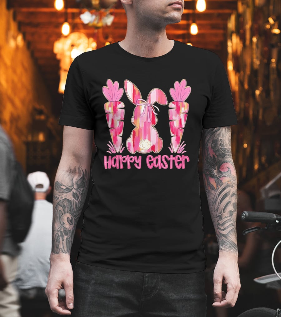 Pink Brushstroke Bunny Carrot Happy Easter T-Shirt
