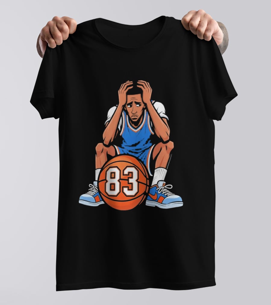 Basketball Player Caricature 83 Sitting Blue Orange Jersey Sneakers T-Shirt