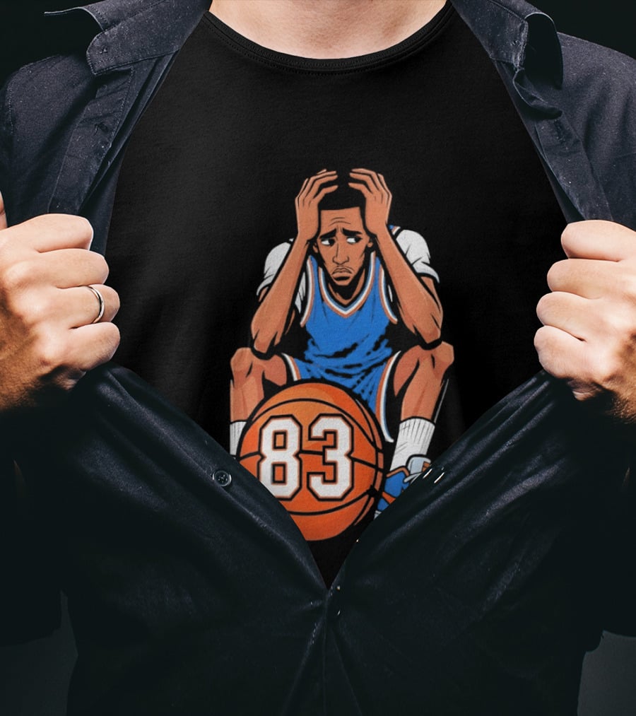 Basketball Player Caricature 83 Sitting Blue Orange Jersey Sneakers T-Shirt