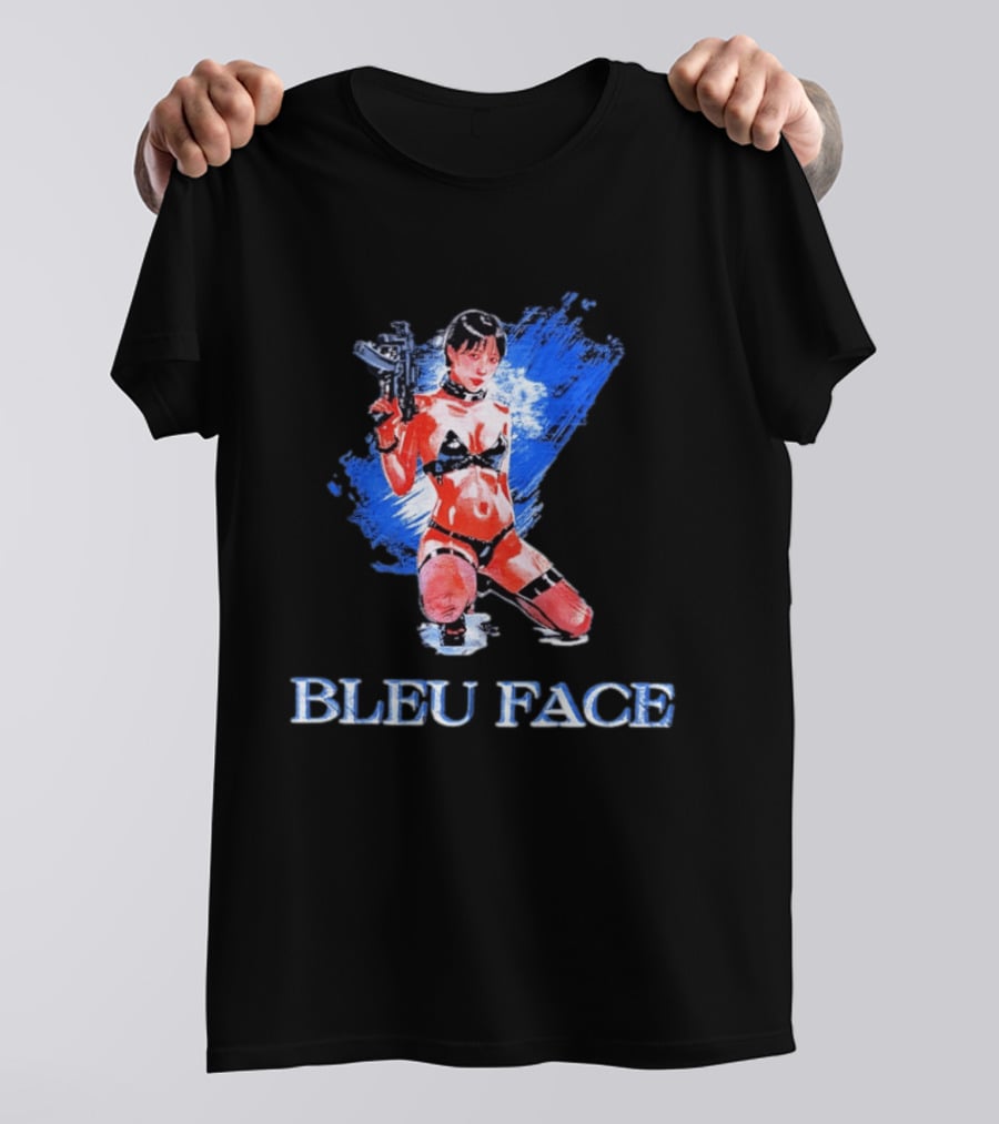 Bleu Face Anime Girl With Gun And Blue Brushstroke T-Shirt