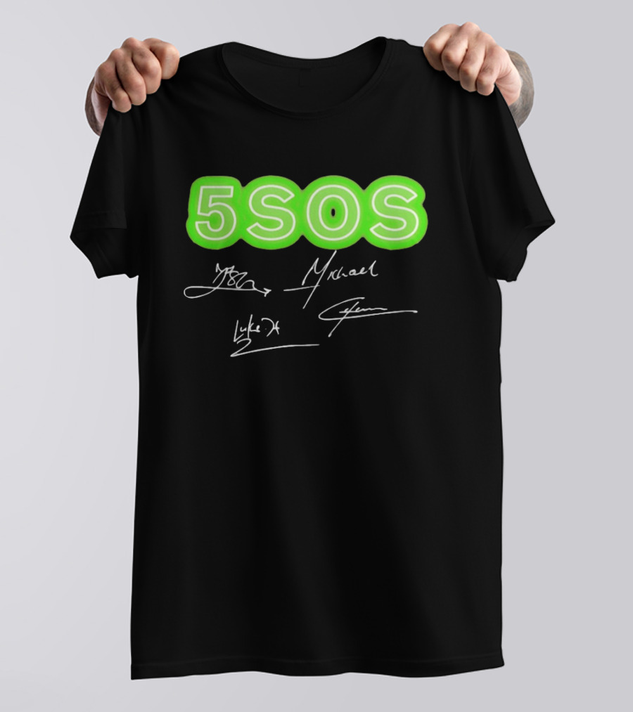 5SOS Luke Hemmings Calum Hood Ashton Irwin Michael Clifford Signatures Neon Green T-Shirt