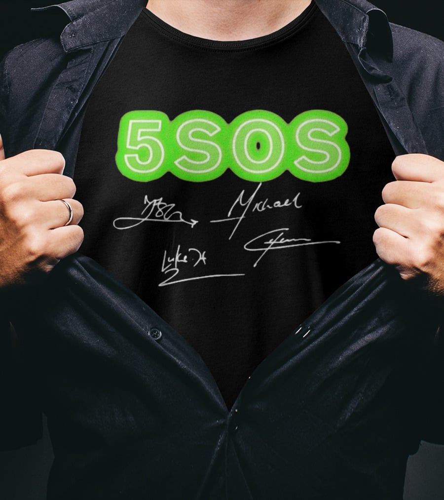 5SOS Luke Hemmings Calum Hood Ashton Irwin Michael Clifford Signatures Neon Green T-Shirt