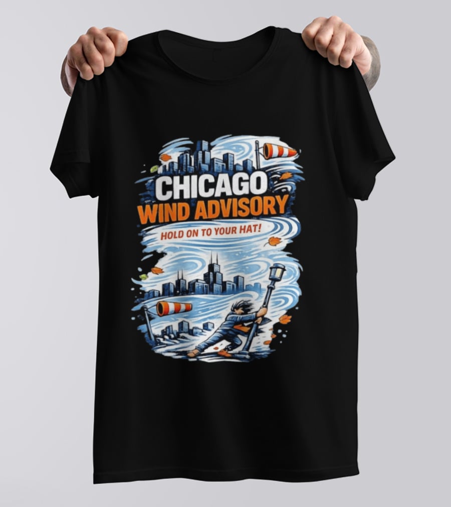 Chicago Wind Advisory Hold On To Your Hat Cityscape And Skyline Scene T-Shirt