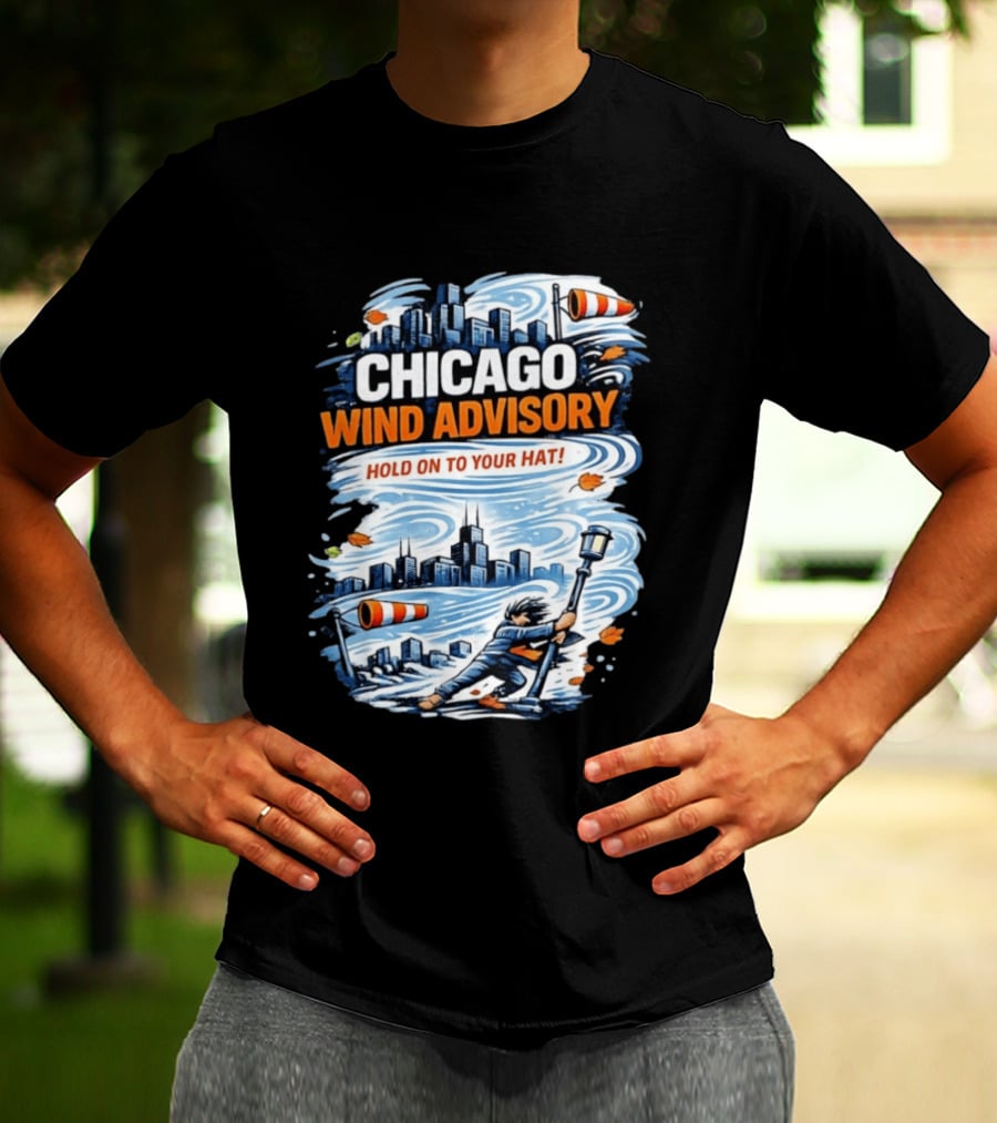 Chicago Wind Advisory Hold On To Your Hat Cityscape And Skyline Scene T-Shirt