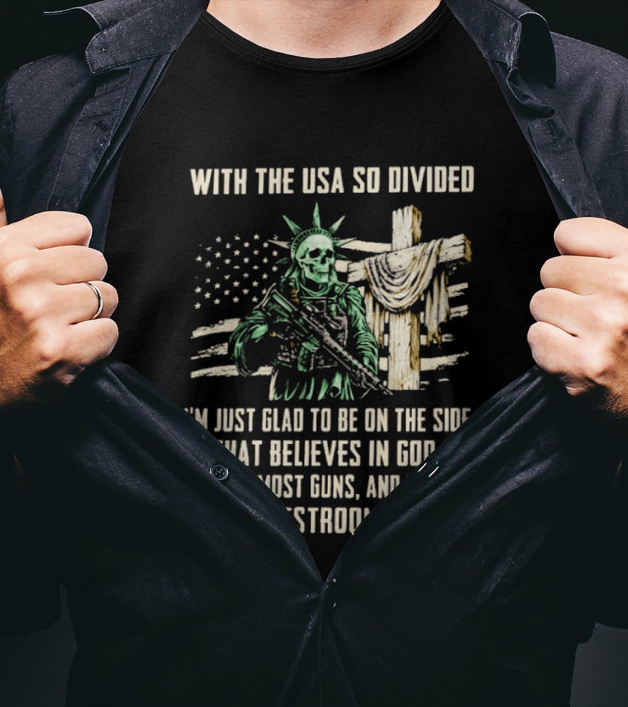 USA Divided Skeleton Liberty Believes In God Most Guns Restroom Use T-Shirt