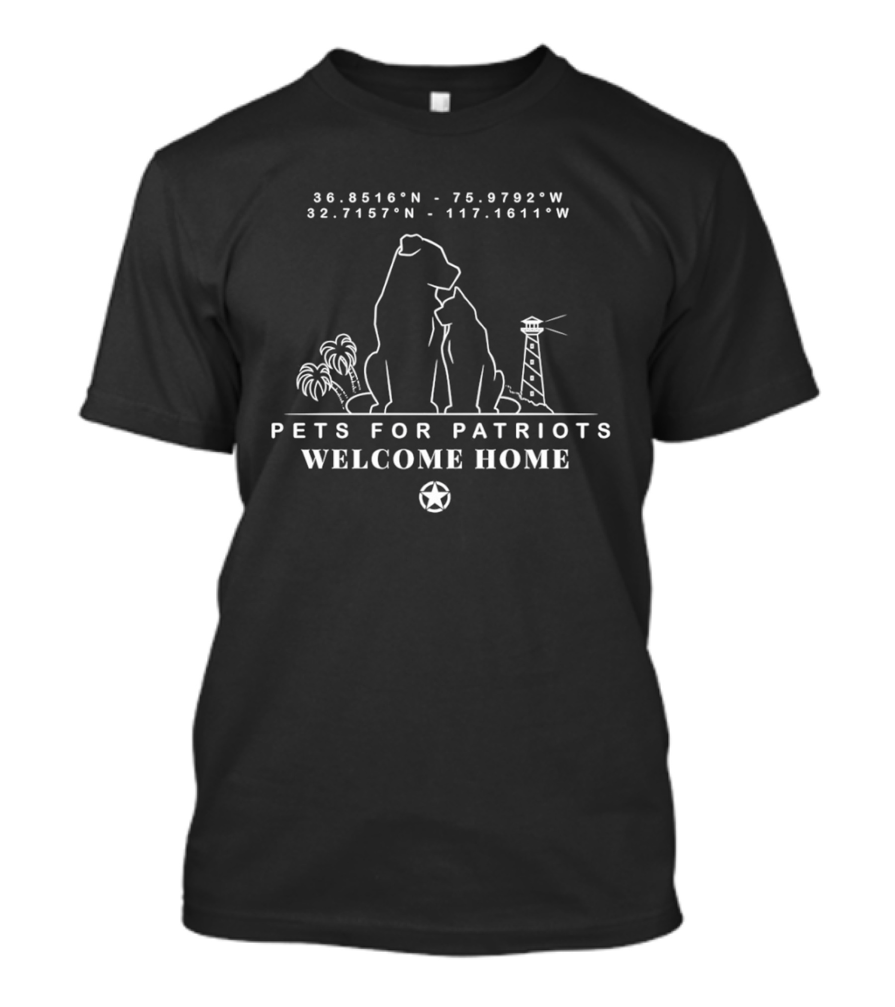 Pets For Patriots Welcome Home Dogs Silhouette With Coordinates And Lighthouse T-Shirt