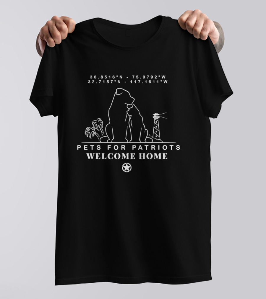 Pets For Patriots Welcome Home Dogs Silhouette With Coordinates And Lighthouse T-Shirt