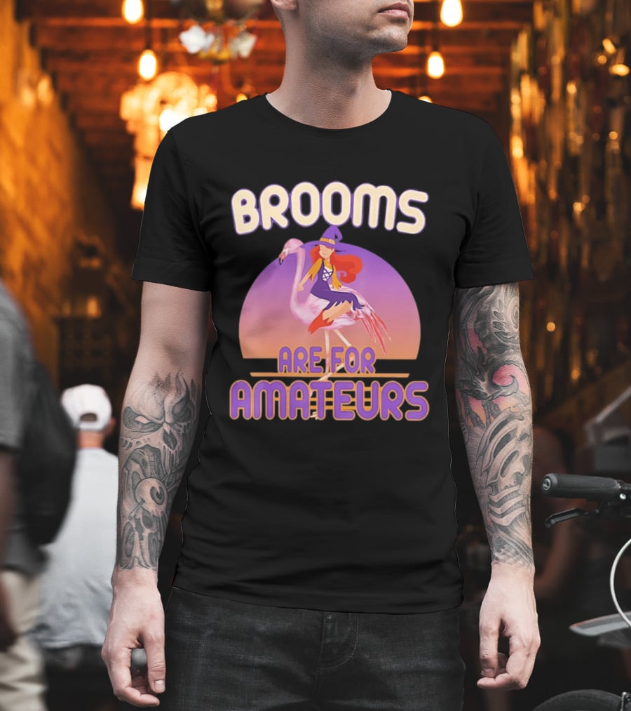 Brooms Are For Amateurs Witch Riding Flamingo T-Shirt
