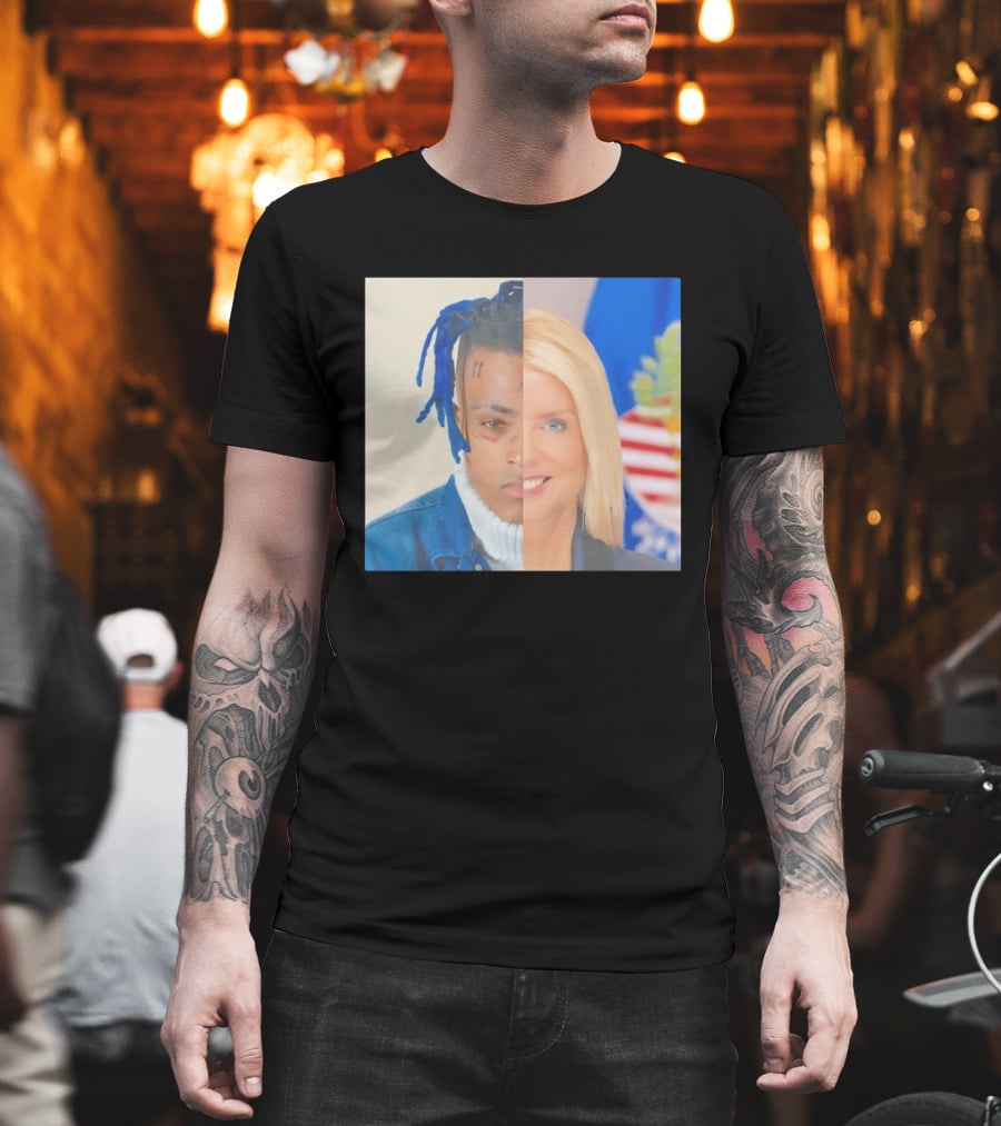 XXXTentacion Pam Bondi Split Image Face Half Blue Dreads Tattoos American Flag T-Shirt