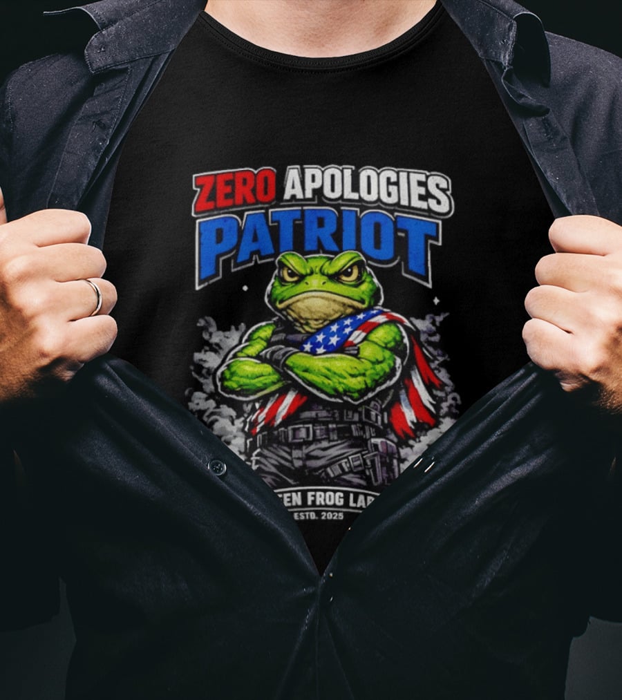 Zero Apologies Patriot Green Frog Labs Estd 2025 American Flag Frog T-Shirt