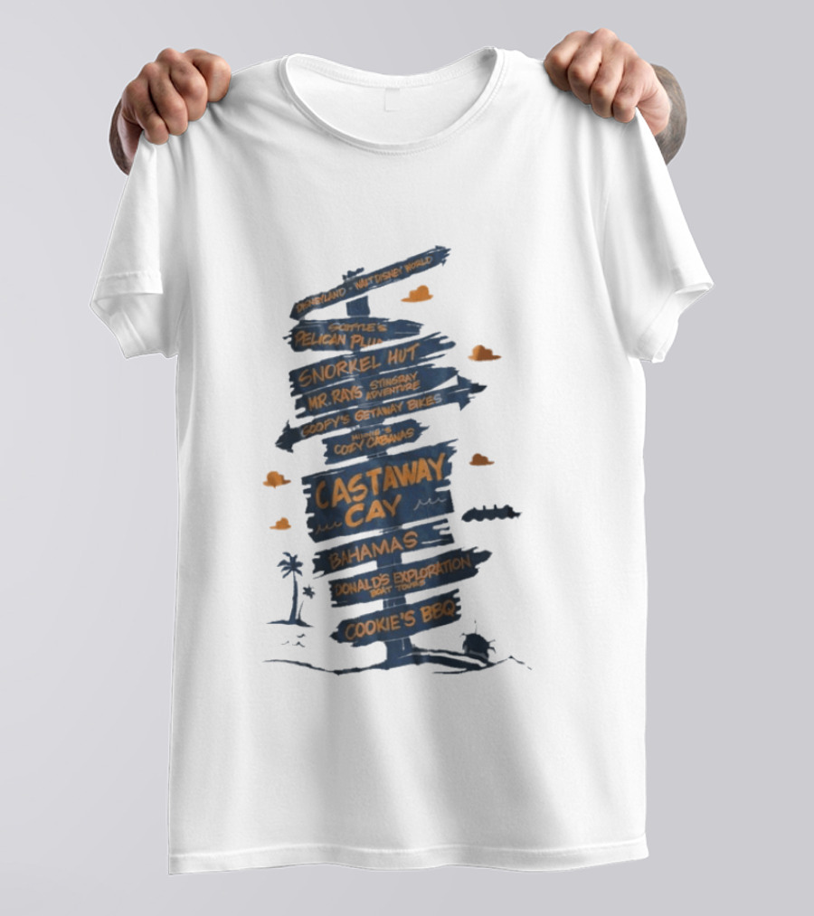 Castaway Cay Bahamas Adventure Signpost Donald's Boat Tours Cookie's BBQ T-Shirt