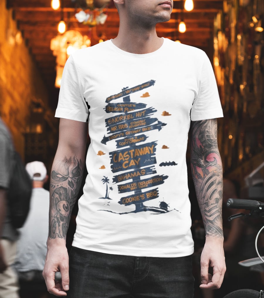 Castaway Cay Bahamas Adventure Signpost Donald's Boat Tours Cookie's BBQ T-Shirt