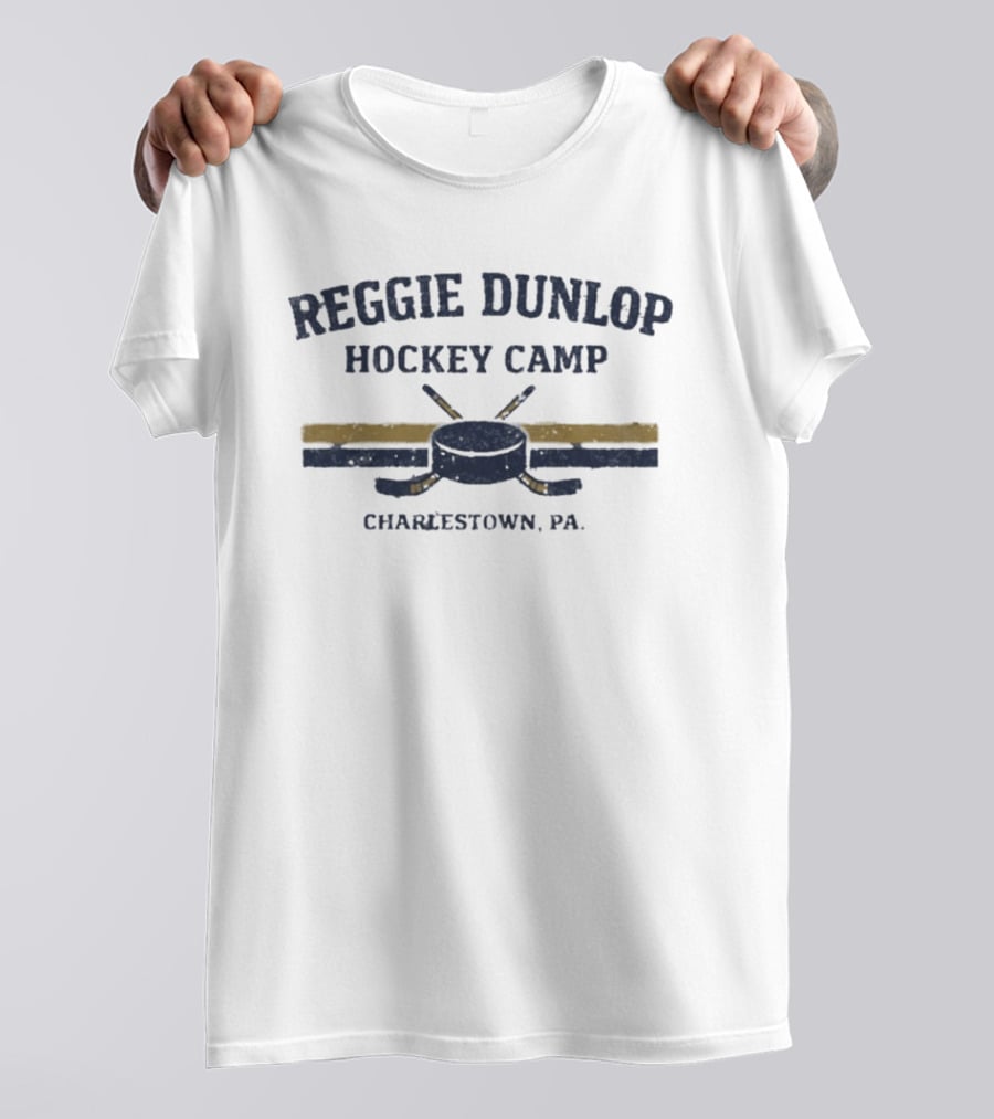 Reggie Dunlop Hockey Camp Charlestown PA Vintage Hockey Sticks And Puck T-Shirt