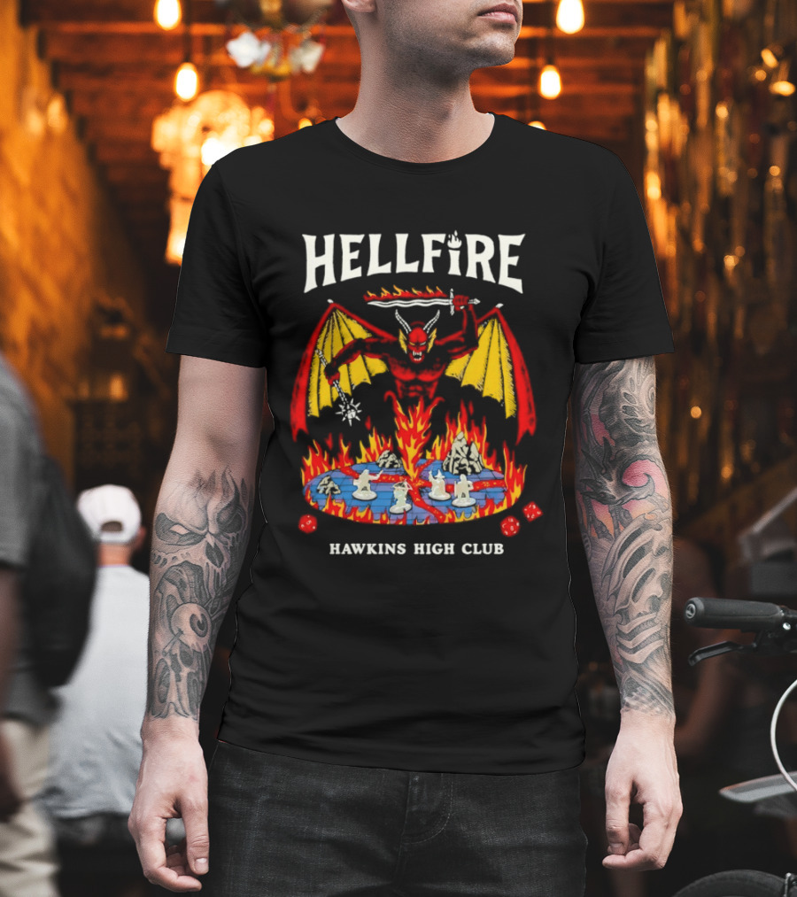 Hellfire Hawkins High Club Demon With Flames And Dice T-Shirt