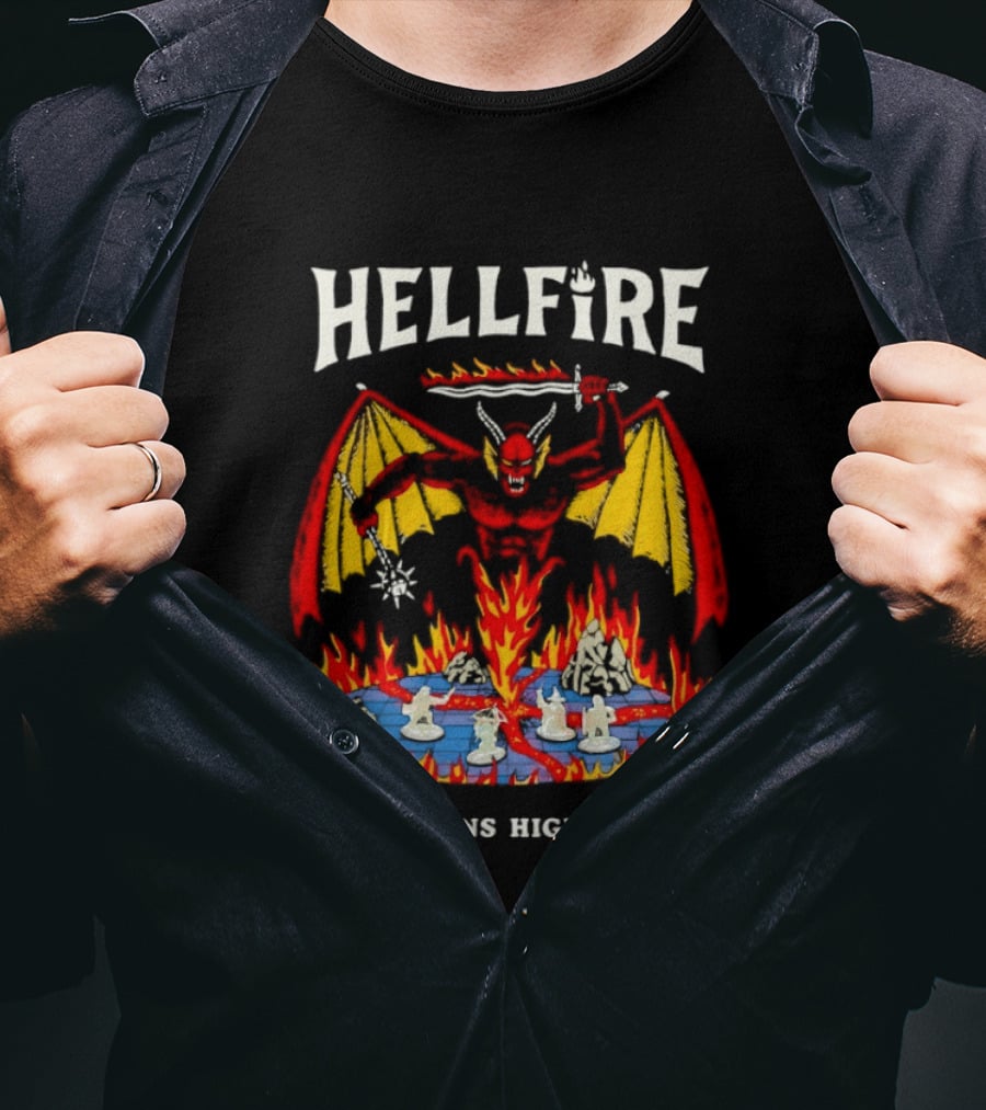 Hellfire Hawkins High Club Demon With Flames And Dice T-Shirt