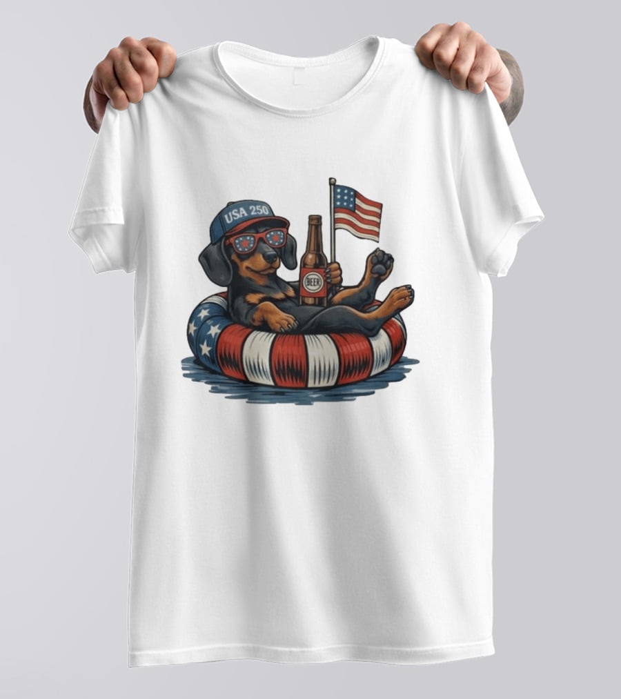 USA 250 Dachshund Floating With American Flag And Beer T-Shirt