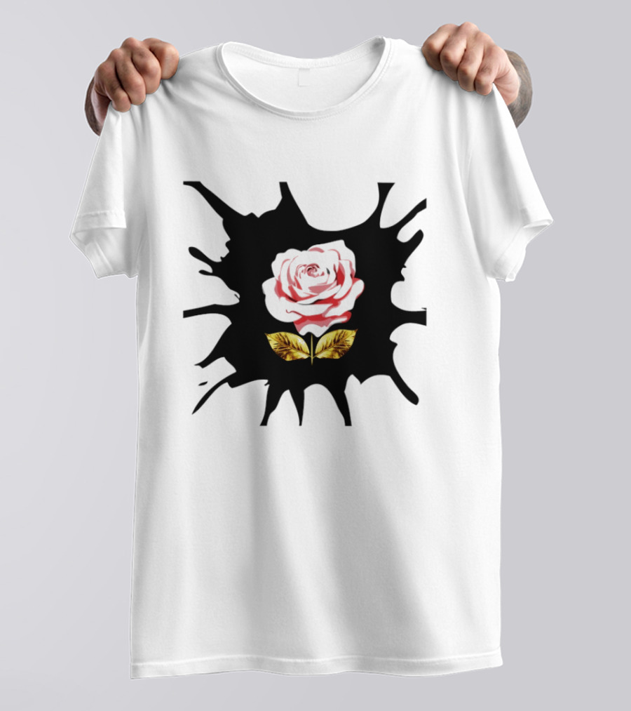 Elegant Pink Flower On Dark Splatter With Golden Leaves T-Shirt