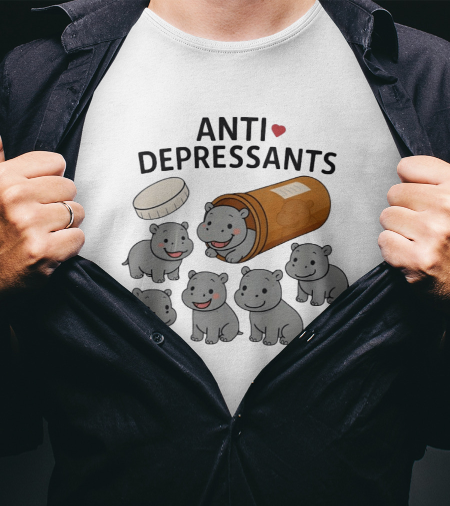 Hippos Anti Depressants Cute Cartoon Prescription Bottle T-Shirt