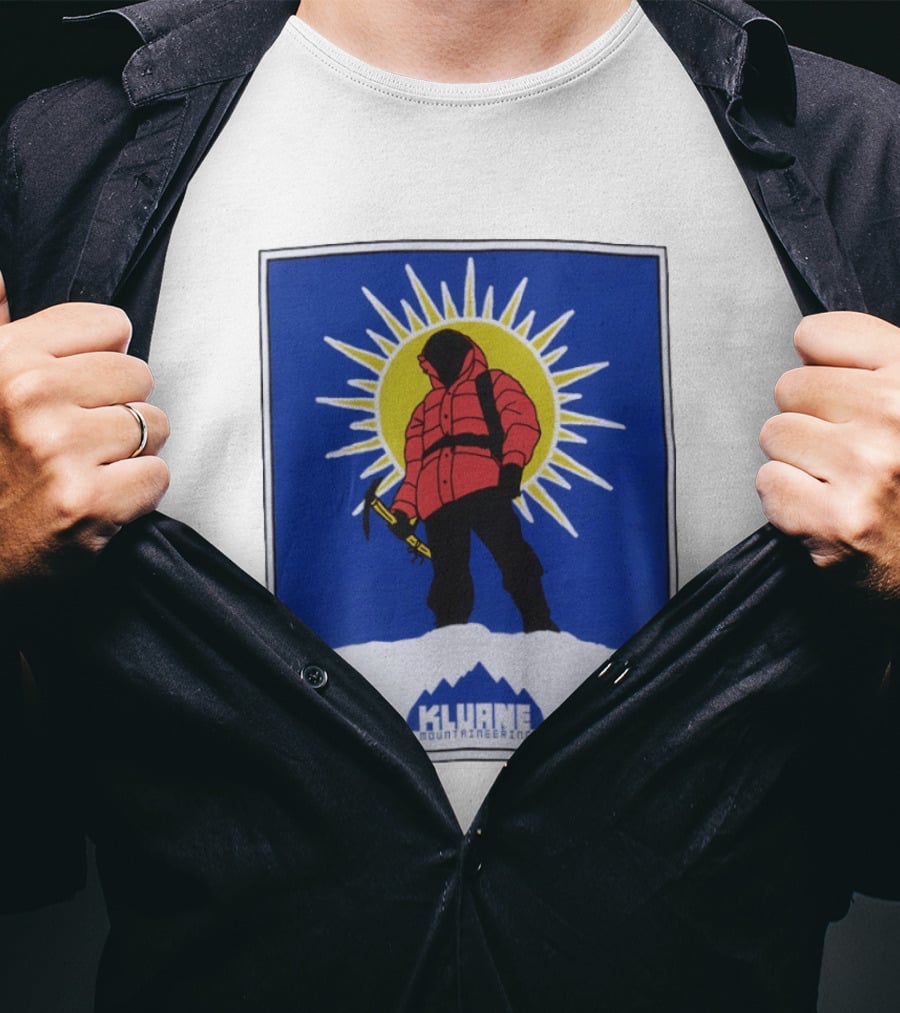 Kluane Mountaineering Hiker In Red Parka With Sunburst And Ice Axe T-Shirt