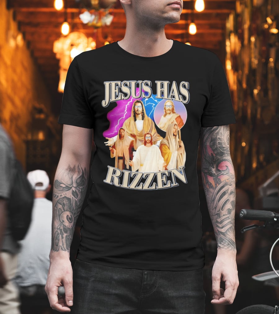 Jesus Has Rizz'en Meme Humor Lightning Vibes Sunglasses T-Shirt