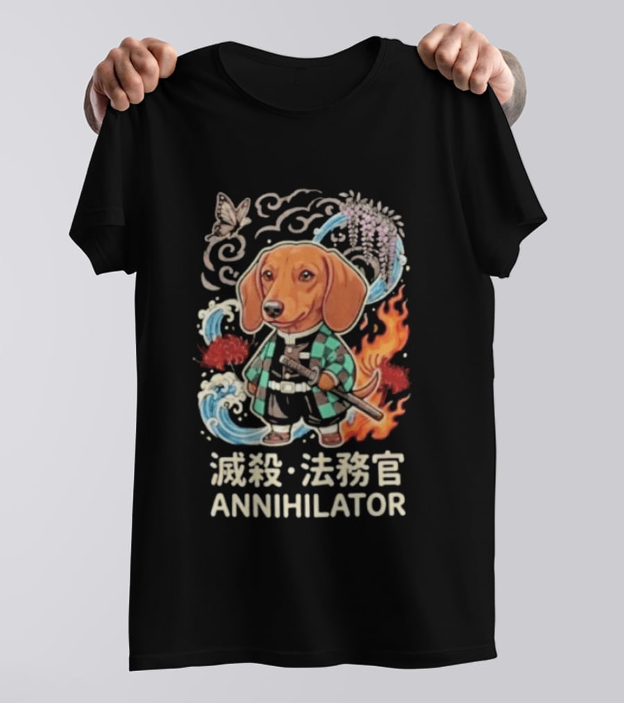 Annihilator Dachshund Kimono Kanji Flame Water Sword Butterfly T-Shirt