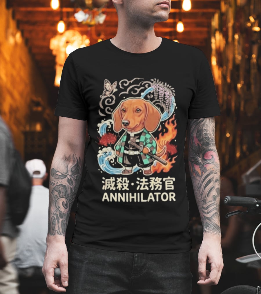 Annihilator Dachshund Kimono Kanji Flame Water Sword Butterfly T-Shirt