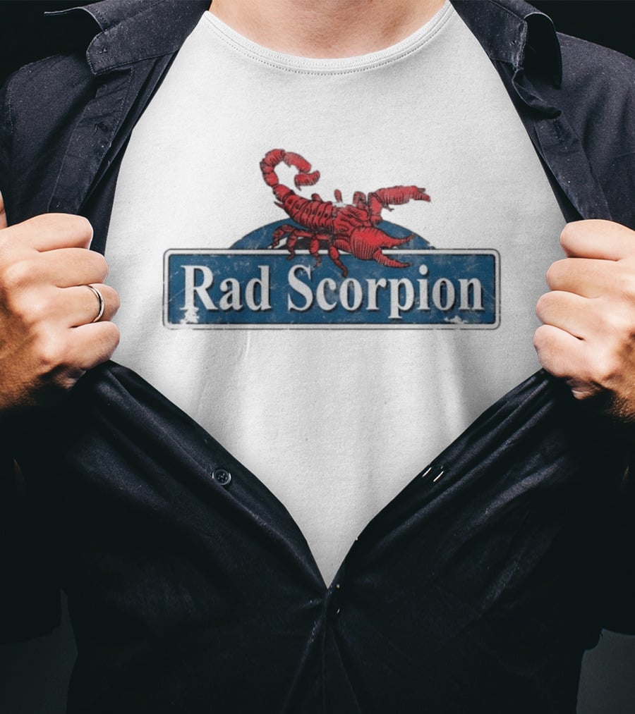Rad Scorpion Retro Style Distressed Blue Street Sign With Red Scorpion T-Shirt