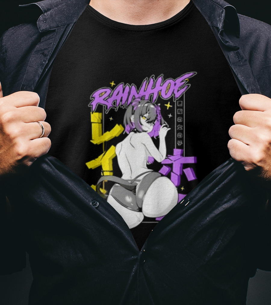 Rainhoe Demon Girl Anime Aesthetic With Japanese Text And Stars T-Shirt