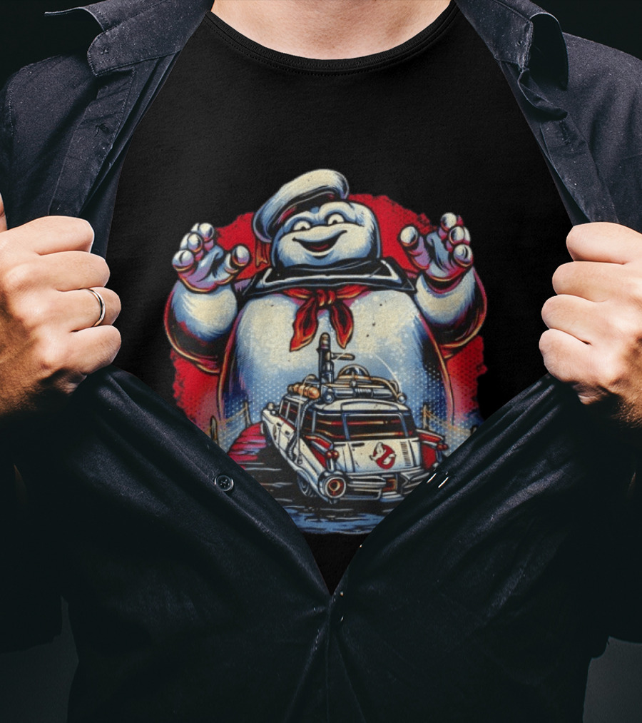 Ghostbusters Ecto 1 Meets Stay Puft Marshmallow Man Iconic Movie Scene T-Shirt