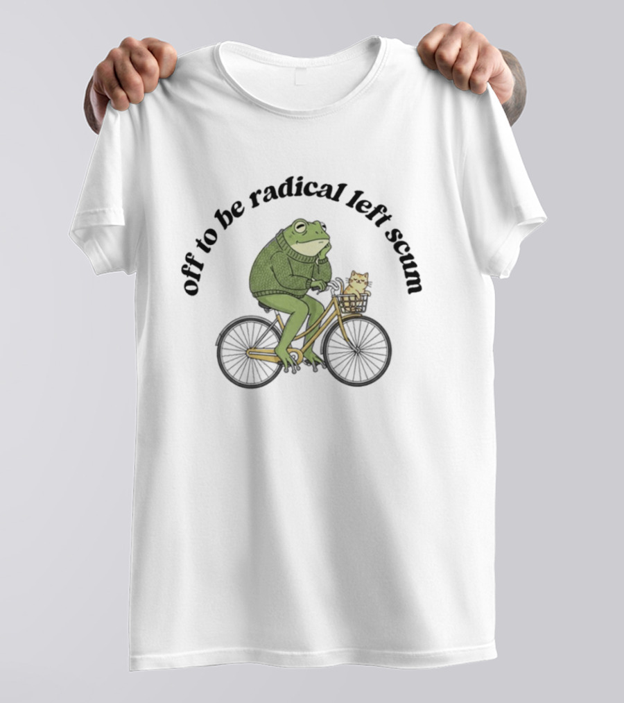 Off To Be Radical Left Scum Frog And Cat On Bicycle T-Shirt