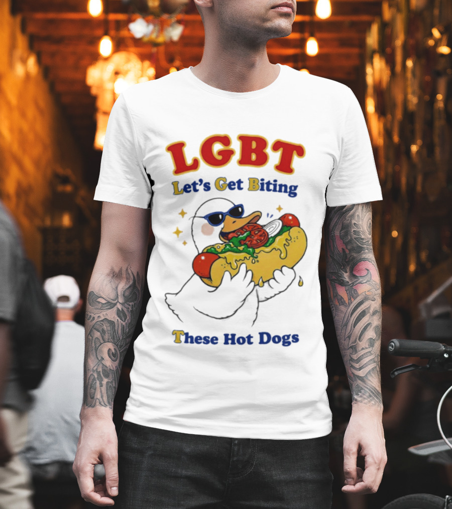 LGBT Goose Let's Get Biting These Hot Dogs Fun Pride Humor T-Shirt