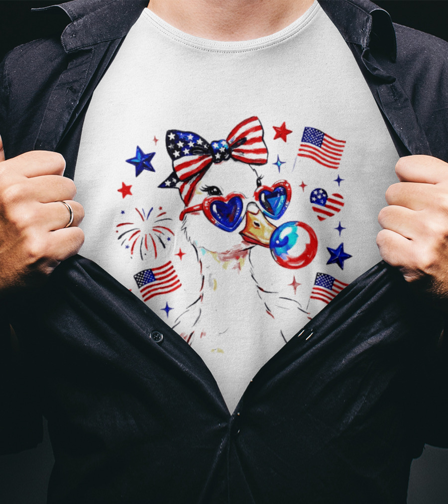 Preppy Patriotic Goose Coquette Fourth Of July With Stars And Stripes Sunglasses And Bow Tie T-Shirt