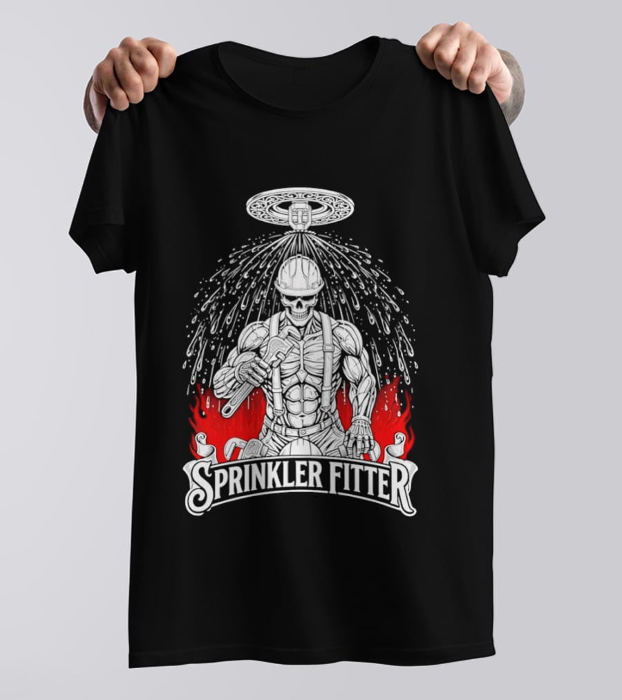 Skeleton Sprinkler Fitter With Fiery T-Shirt