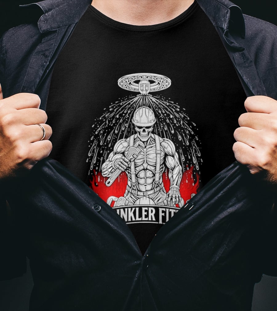 Skeleton Sprinkler Fitter With Fiery T-Shirt