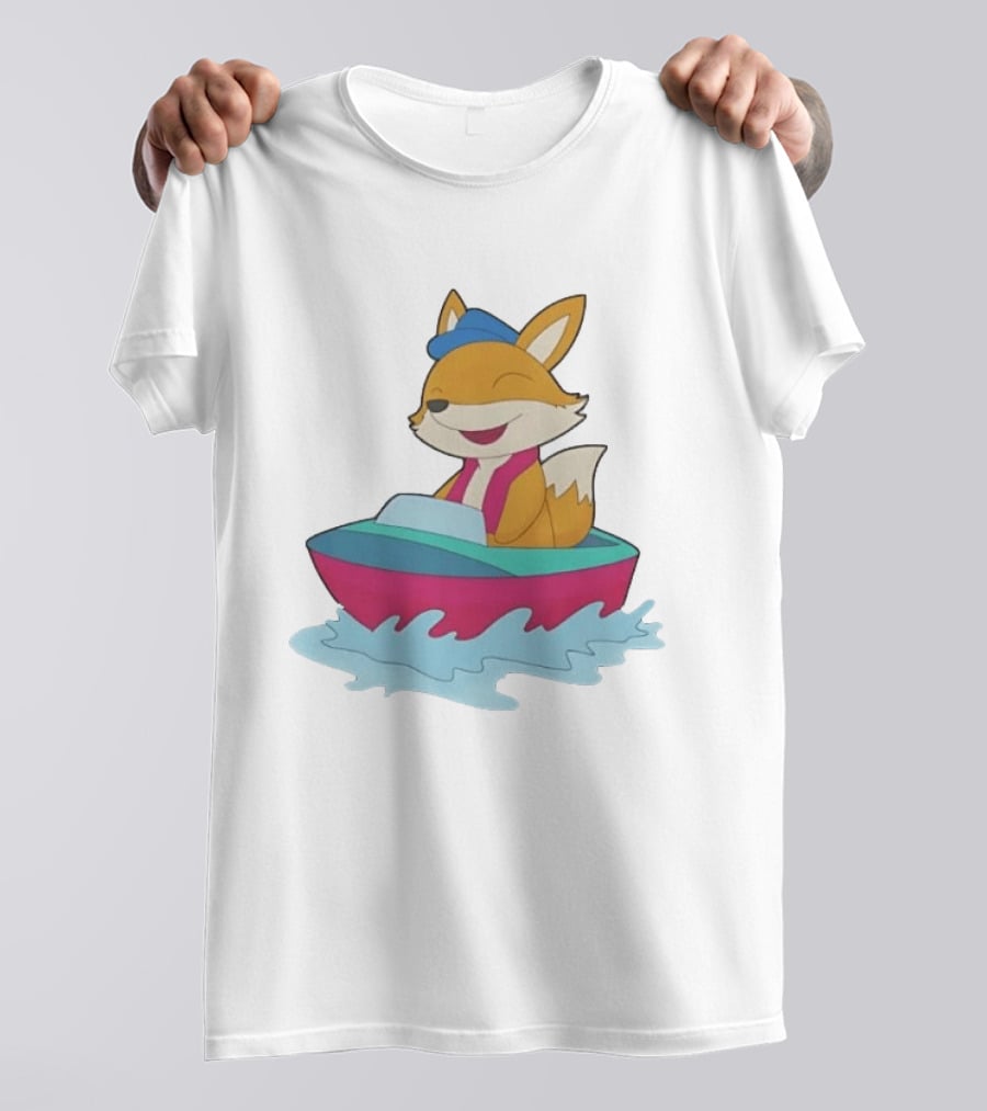 Cheerful Fox Sailing In Colorful Boat With Blue Hat And Pink Life Vest T-Shirt