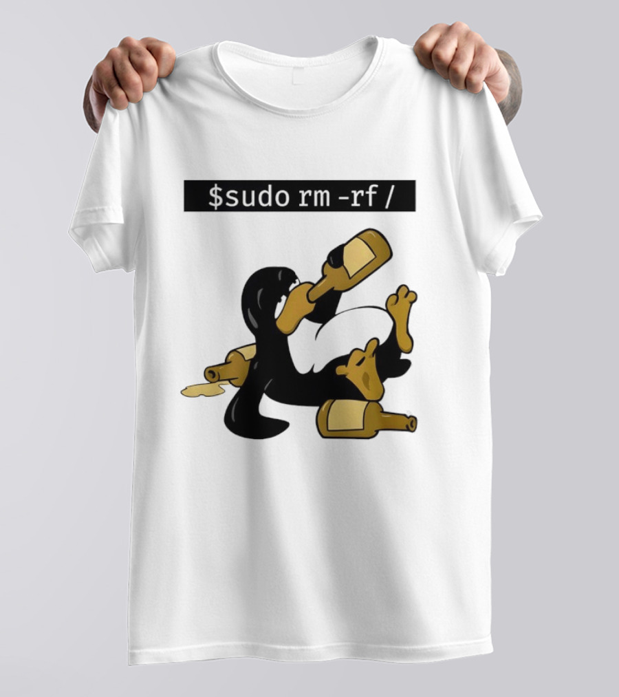 Penguin Linux Tux Drunk Sudo Rm Rf Command Bottles T-Shirt