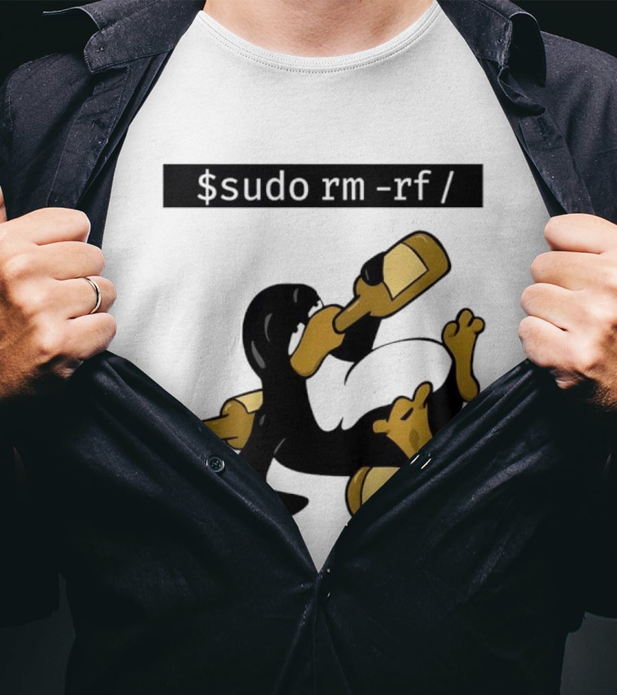 Penguin Linux Tux Drunk Sudo Rm Rf Command Bottles T-Shirt