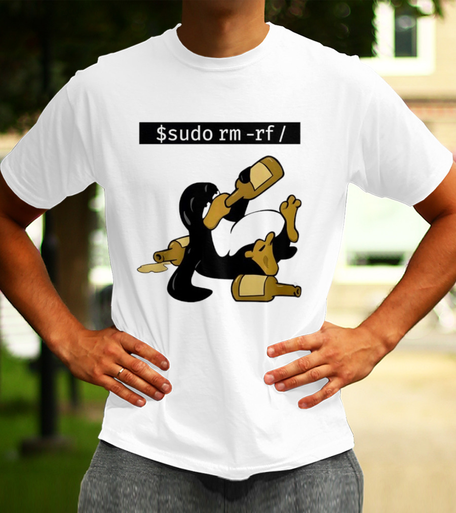 Penguin Linux Tux Drunk Sudo Rm Rf Command Bottles T-Shirt