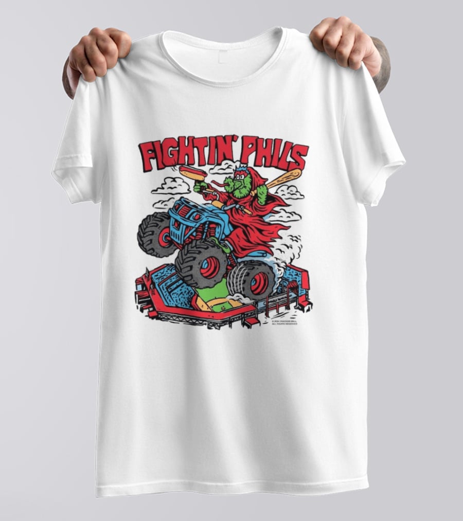 Fightin' Phils Monster Truck Creature Riding Over Baseball Stadium With Bats T-Shirt
