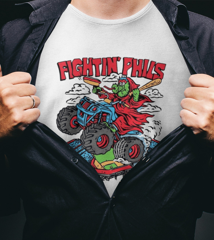 Fightin' Phils Monster Truck Creature Riding Over Baseball Stadium With Bats T-Shirt
