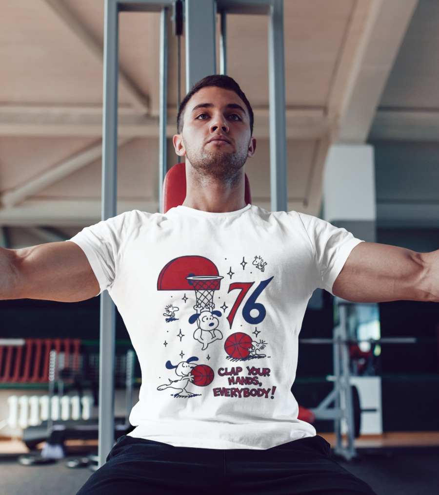 Snoopy Philadelphia 76ers Clap Your Hands Everybody Basketball Theme With Red And Blue T-Shirt