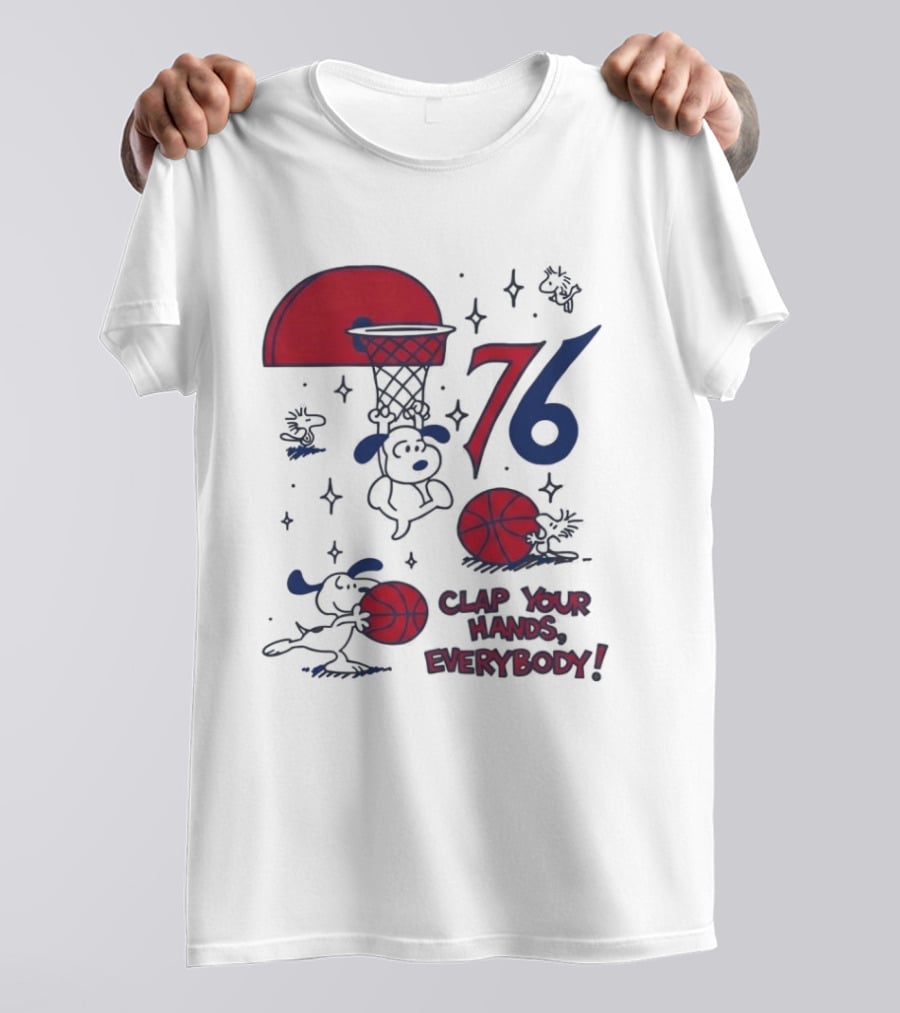 Snoopy Philadelphia 76ers Clap Your Hands Everybody Basketball Theme With Red And Blue T-Shirt